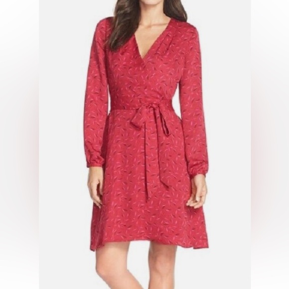 Adrianna Papell Women’s Size 6 Red Pink V Neck Long Sleeve Midi Dress - Picture 1 of 16